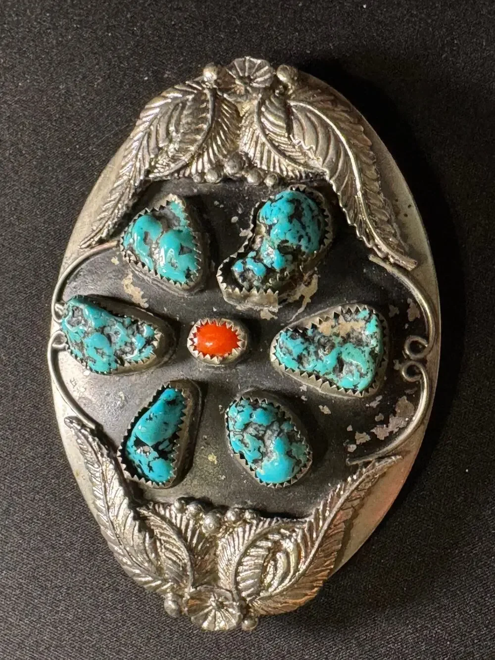 Turquoise Coral Silver Tone Belt Buckle